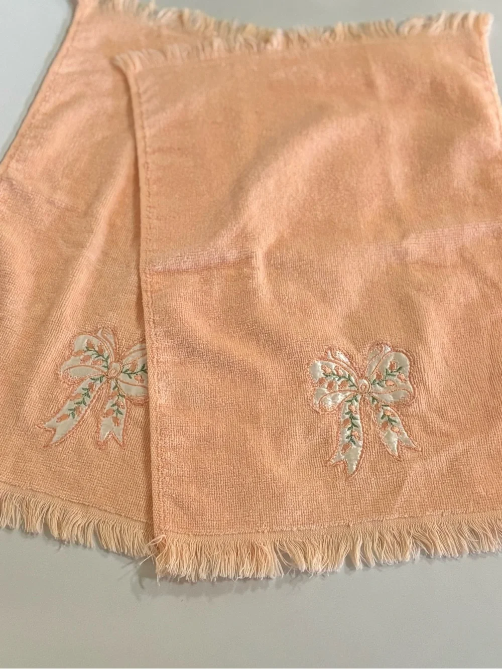 Vintage After Bath Luxury by J Abouchar & Sons Peach Embroidered Bow Hand Towels